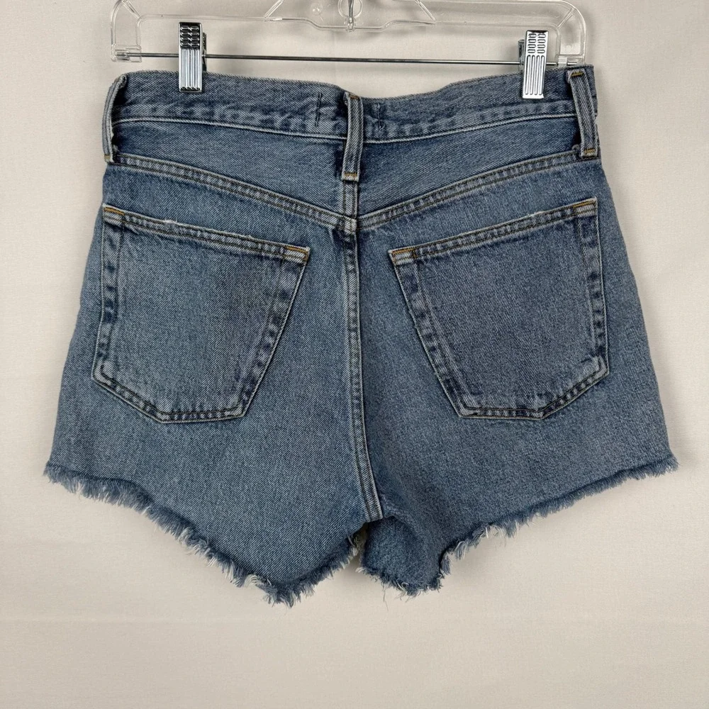 AGOLDE Parker Long High Rise Denim Shorts 26 Blue Frayed Hem
